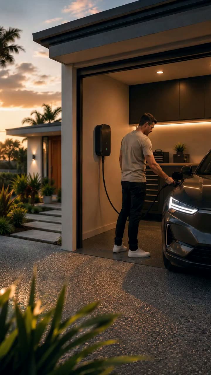 Home EV charger on a Brisbane home at sunset with an electric car plugged in
