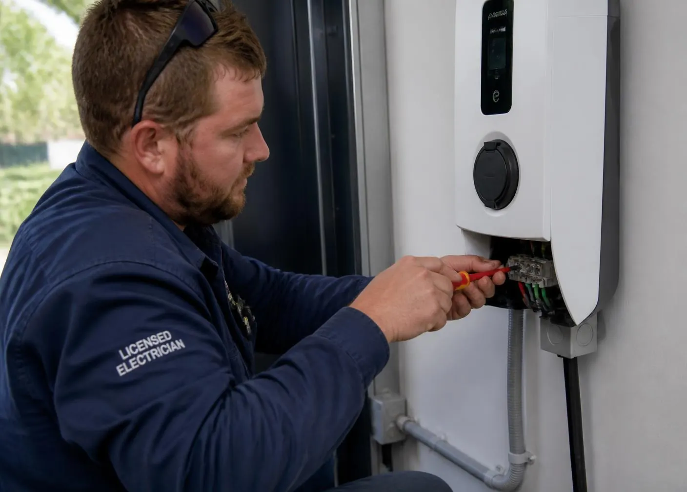 Electrician terminating cable into a home EV charger in Brisbane