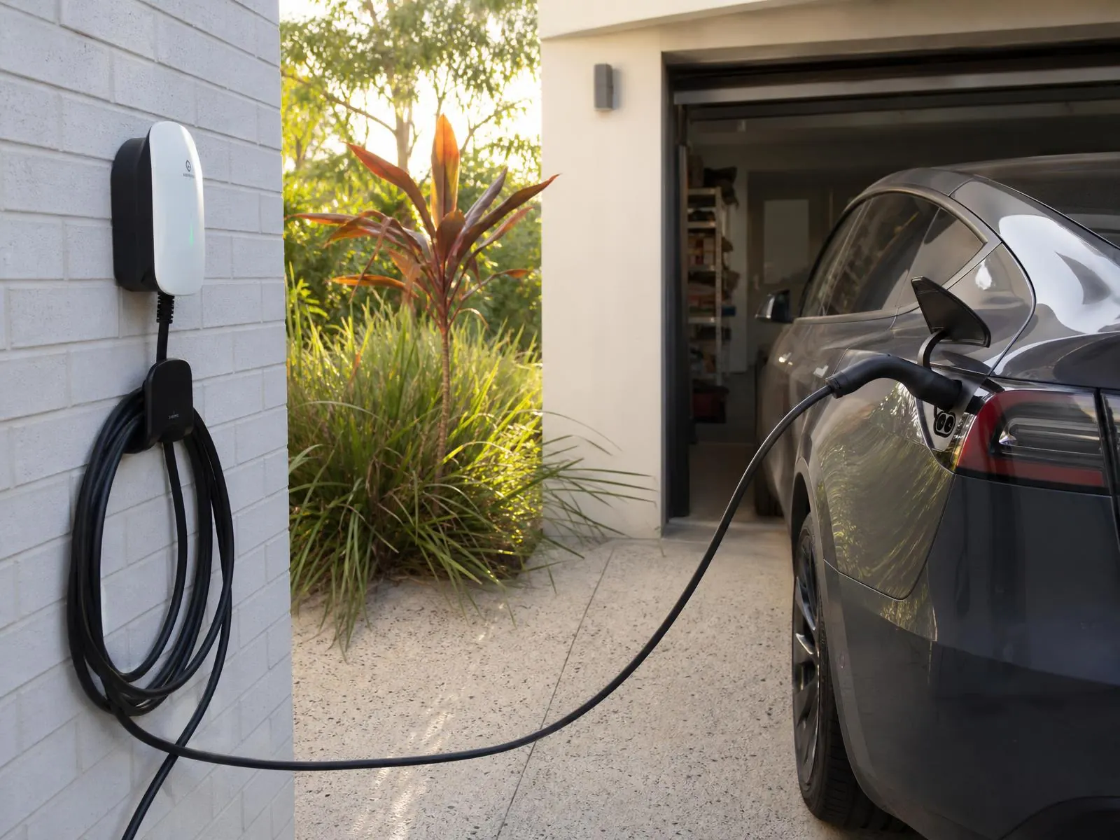 Home EV charger installed at a Brisbane house, charging an electric car in the driveway