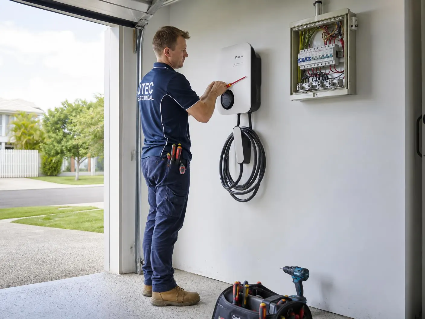 Licensed electrician installing a wall-mounted EV charger in a Brisbane home garage